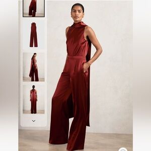 Reiss Sleeveless Satin Jumpsuit in Burgundy